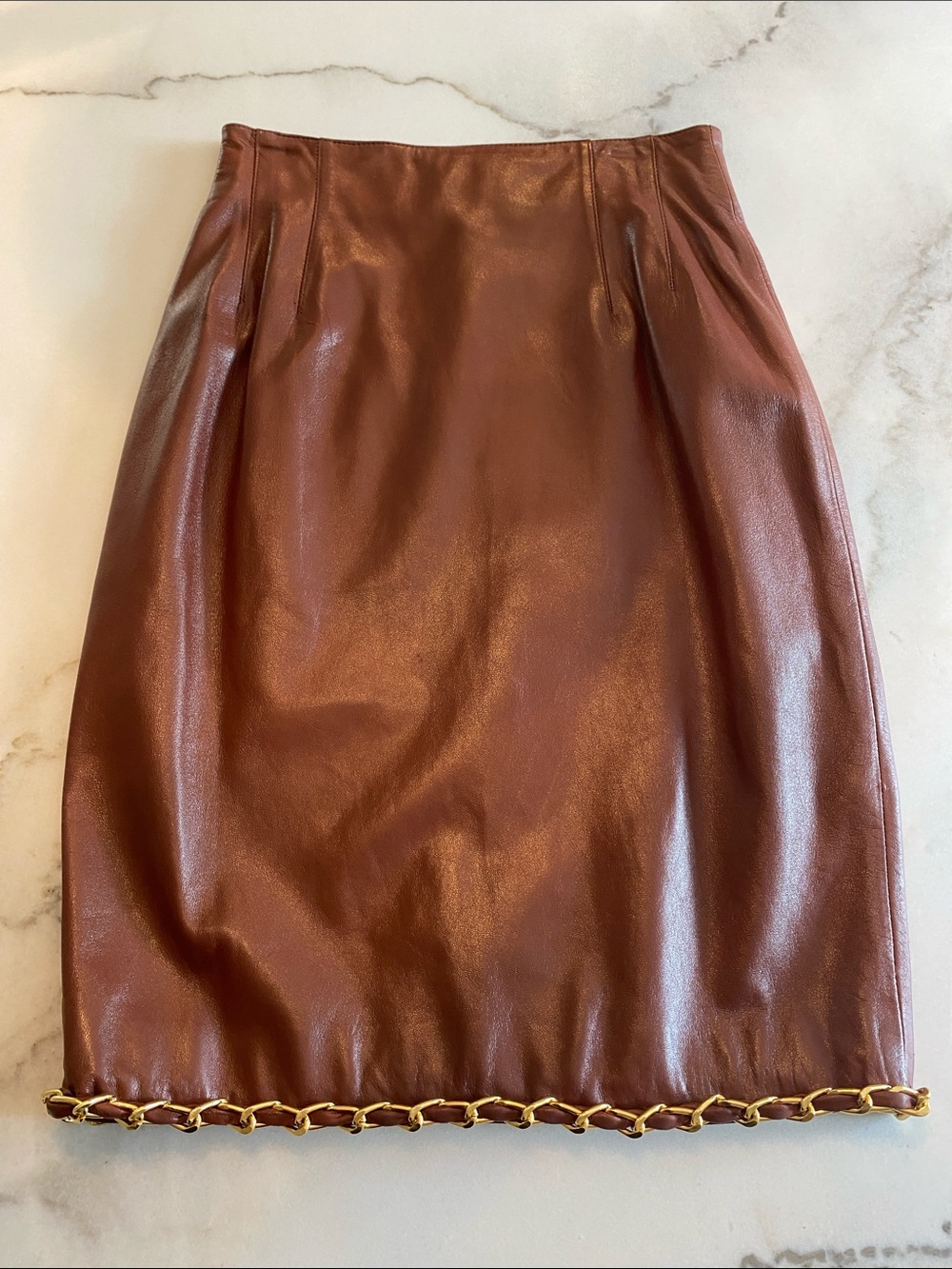 Classic Brown Faux-Leather Pencil Skirt with Gold Chain Trim
